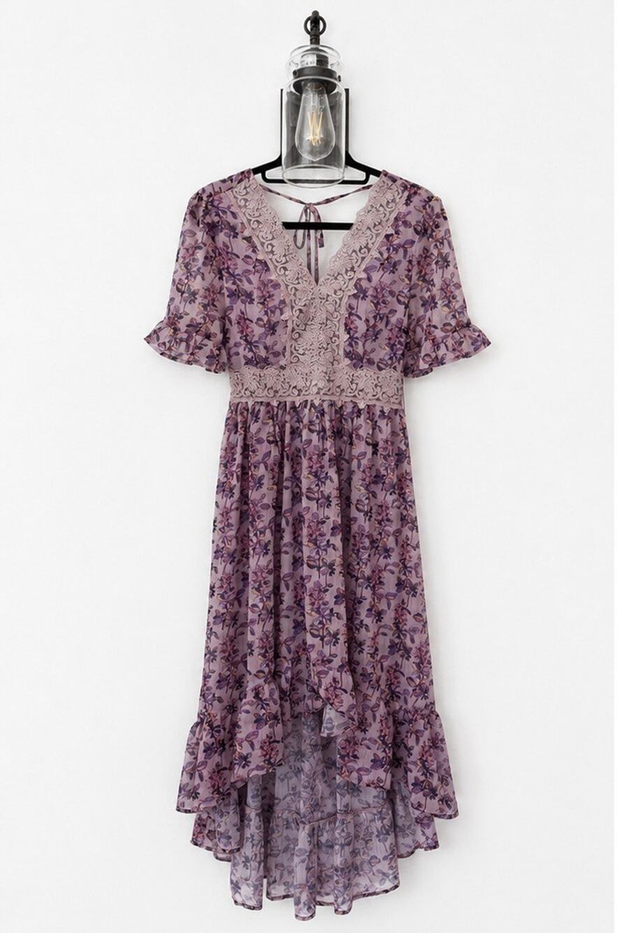 Wishlist Apparel Lavender Floral Lace Hi Low Dress Sz S Cottagecore Boho Fairy